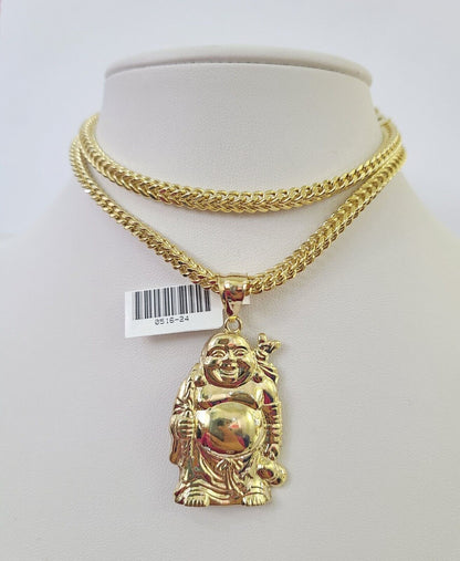 10K Franco Chain Laughing Buddha Pendant Charm Necklace 20"-28" 4mm Gold SET