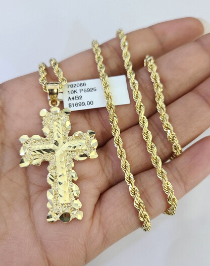 10k Solid Rope Chain 3mm Jesus Cross Necklace Pendant Charm SET 18-26 in