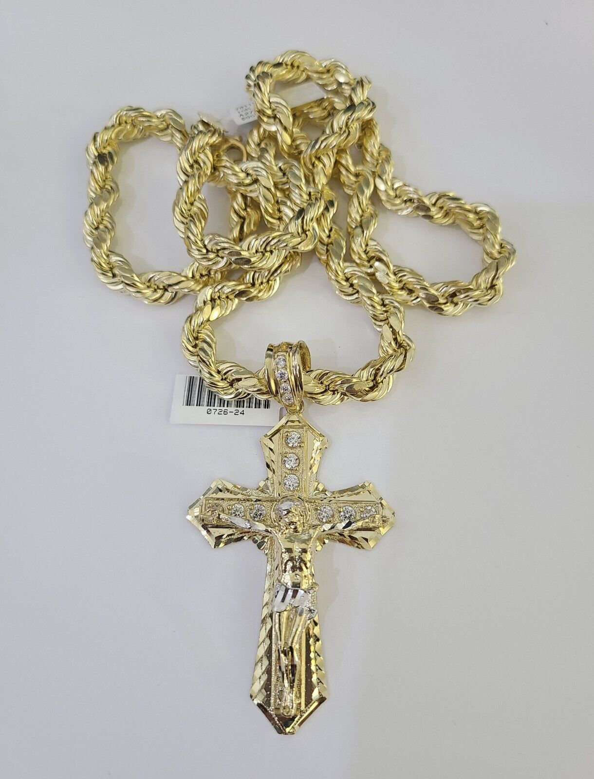 Real 10K Yellow Gold Jesus Cross Pendant with 8mm Rope Chain 20–30" Men's Religious Necklace