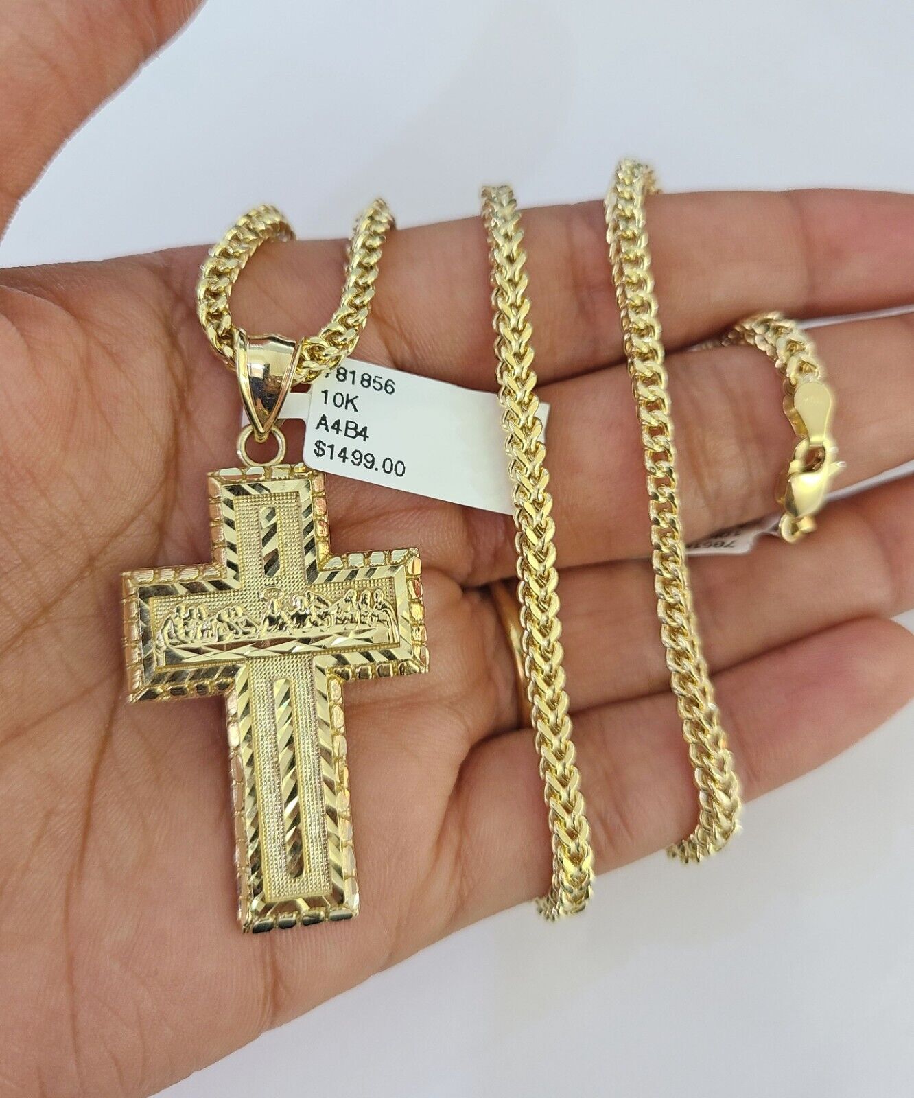 10K yellow gold Last Supper cross pendant and Franco chain necklace set by Reva Jeweler