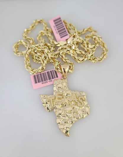 14k Gold Rope Chain Necklace Set 6mm Texas Map Charm Pendant 18"-28" inch