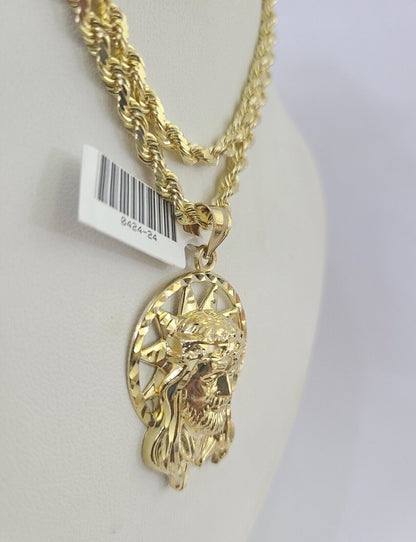 10k Solid Rope Chain Jesus Head Charm Set 4mm 18"-30" Necklace Gold Pendant