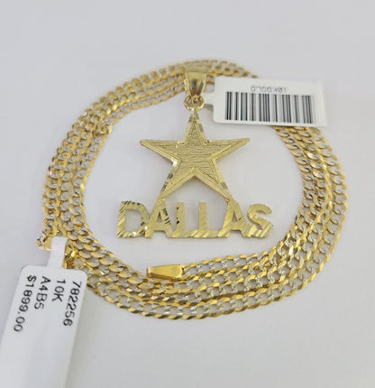 10k Solid Gold Cuban Curb Chain Dallas Star Pendant 2mm 18"-24" SET Necklace