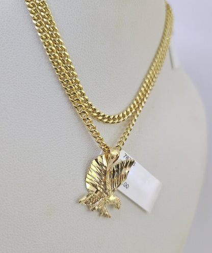 10K Gold Miami Cuban Chain Flying Eagle 18"-28" 3mm REAL Pendant Necklace SET