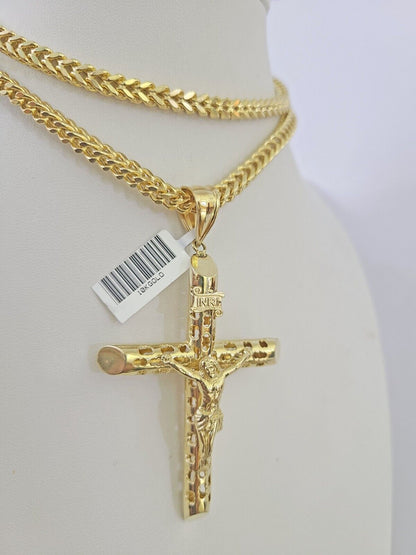 Side angle view of Franco chain necklace featuring INRI Jesus cross pendant charm