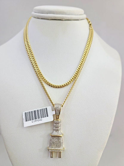 10K Solid Gold Miami Cuban Chain SET Diamond Plug Charm 18"-26" 2.5mm Necklace
