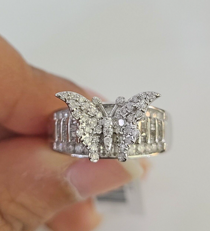 Real 10k Butterfly Diamond Ladies Ring Women Casual 10Kt White Gold All Sizes