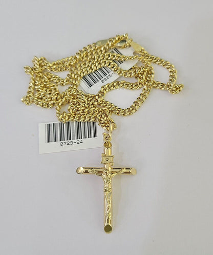 10K Gold Miami Cuban Chain INRI Jesus Cross 18"-28" 3mm Pendant Necklace SET