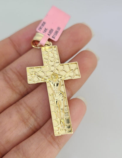 Real 14k Gold Chain Jesus Cross Pendant Set 14kt Cuban Curb Chain 4mm Charm