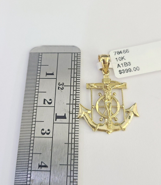 10K Solid Franco Chain Jesus Anchor Pendant Charm Necklace 16"-22" 1mm Gold
