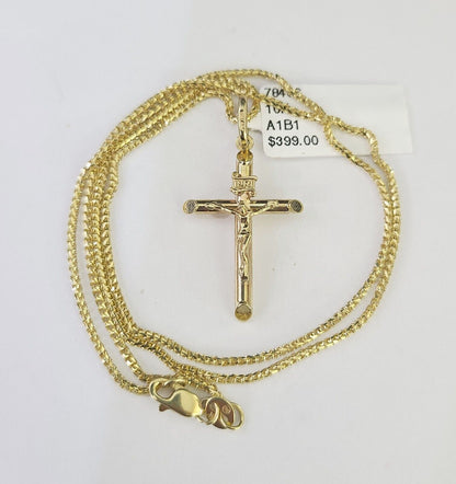 10K Solid Franco Chain Jesus Cross Pendant Charm Necklace 16"-24" 1mm Ladies