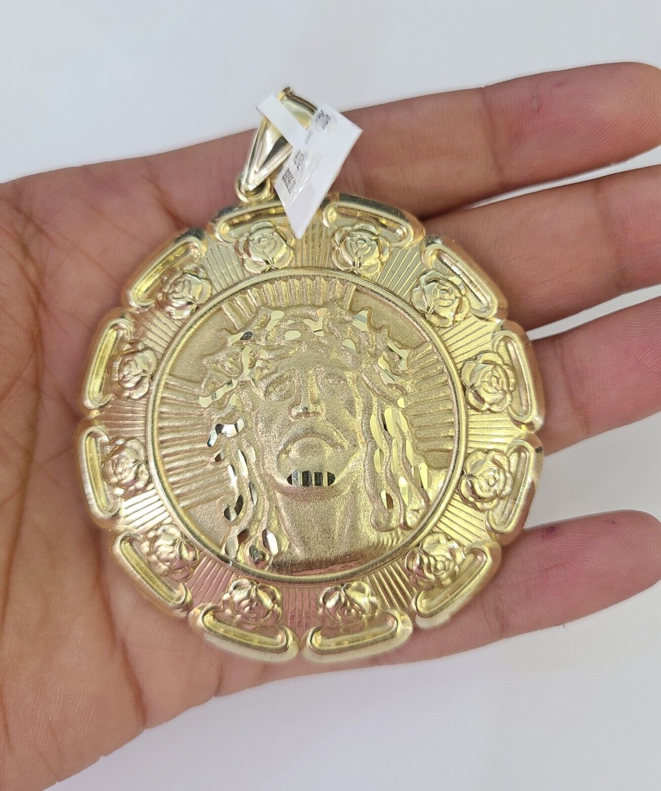 10K yellow gold Jesus and Virgin Mary pendant and Franco chain necklace set by Reva Jeweler