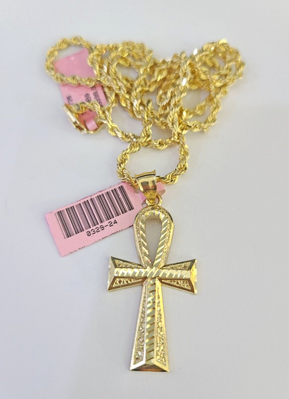 Real 14k Solid Rope Chain Jesus Ankh Cross Charm Set 3mm 18"-26" Necklace Gold