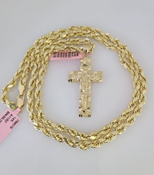 14k Gold Rope Chain Necklace Set 6mm Nugget Cross Charm Pendant 18"-28" inch
