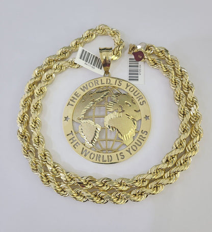 Real 10k Rope Chain World is Yours Charm Set 8mm 20"-30" Inch Necklace Gold