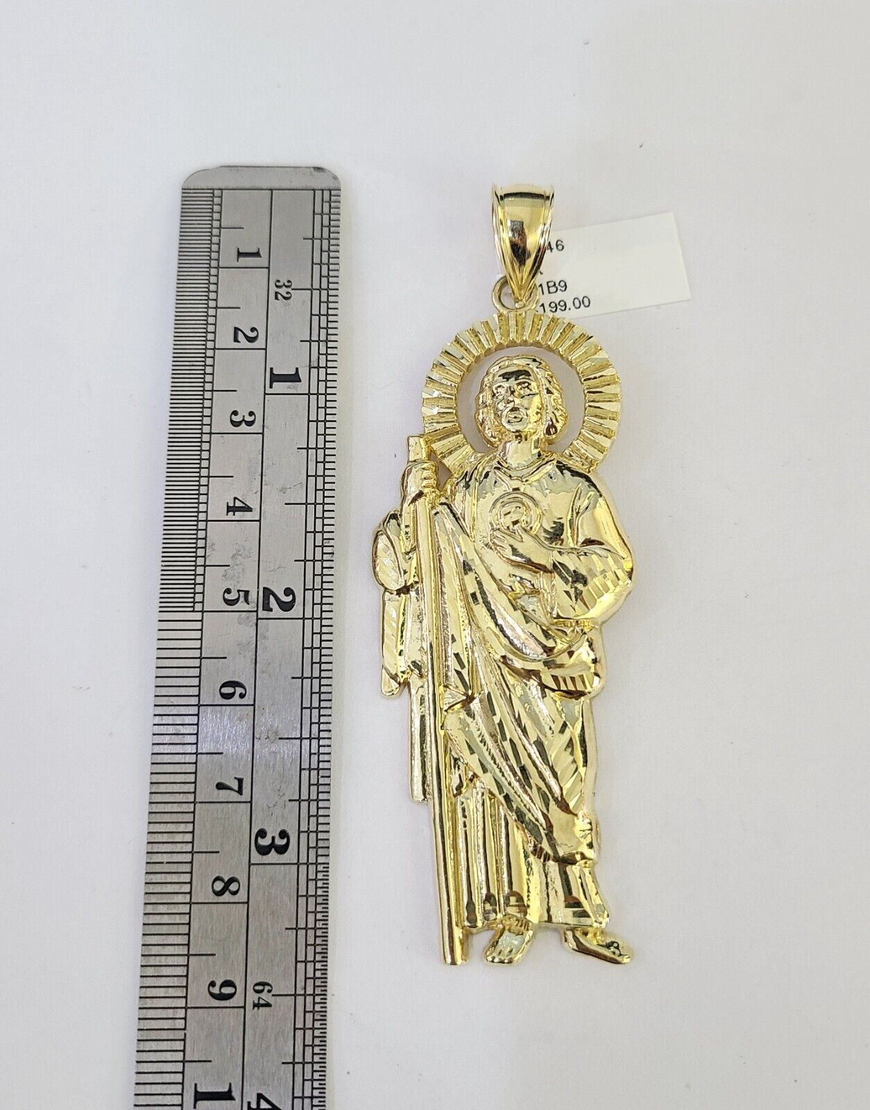 Close-up detailed view of 10K yellow gold Saint Jude pendant charm