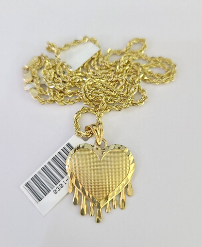 10k Solid Rope Chain 2mm Dripping Heart Pendant Charm Necklace SET 16-22" Ladies