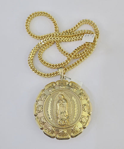 Flat lay display of Reva Jeweler 10K yellow gold Jesus and Mary necklace set