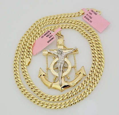 Real 14k Gold Necklace Pendant SET Miami Cuban Link Chain 5mm 24" Anchor Charm