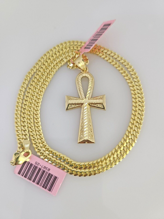 14k Gold Solid Chain Ankh Cross Pendant Set 14kt Miami Cuban Link 3mm Charm