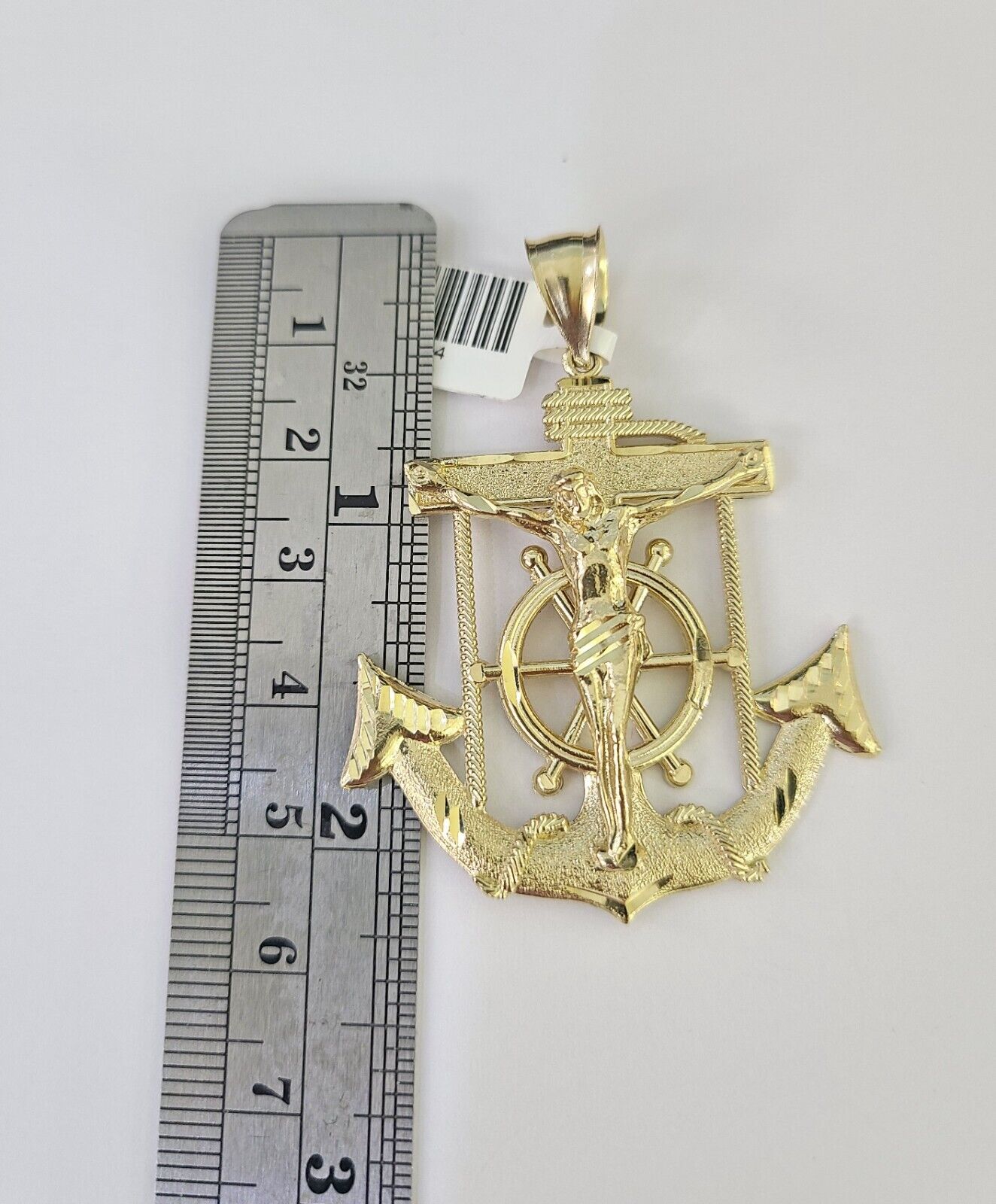 Polished 10K gold Jesus anchor pendant necklace with chain links