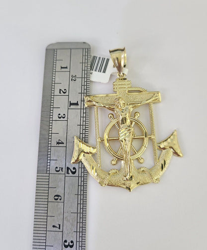 Polished 10K gold Jesus anchor pendant necklace with chain links
