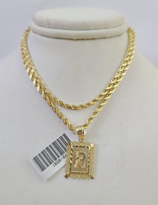 10k Gold Initial P Charm Rope Chain 16"-26" 2.5mm SET Necklace Alphabet Pendant