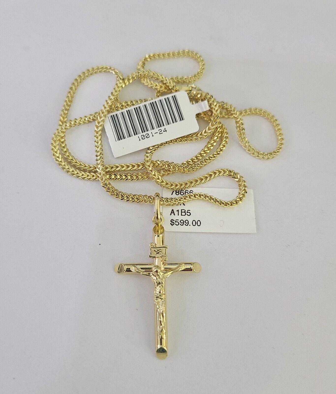 10K gold Franco chain necklace with INRI Jesus cross pendant charm by Reva Jeweler