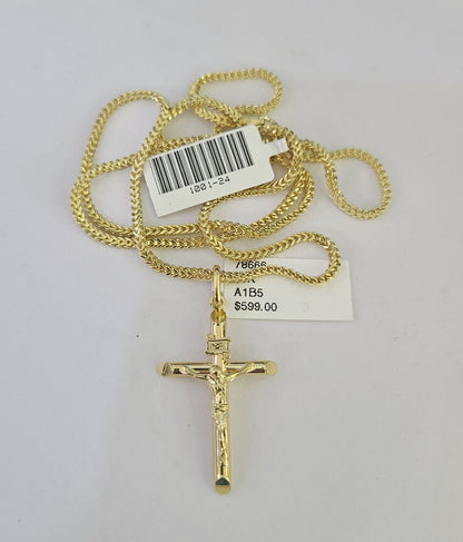 10K gold Franco chain necklace with INRI Jesus cross pendant charm by Reva Jeweler