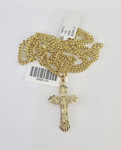 10K Gold Miami Cuban Chain Jesus Cross Charm 18"-30" 3mm REAL Pendant