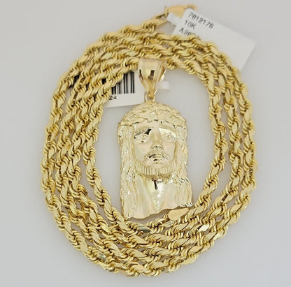 Solid 10k Gold Rope Chain Pendant SET Jesus Face Charm Necklace 4mm 20" Choker