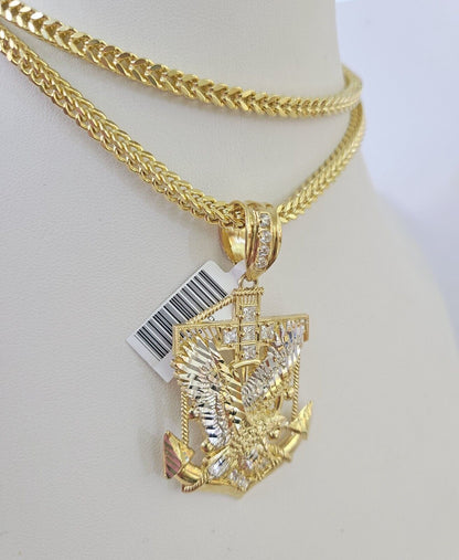 Front view of eagle anchor pendant necklace in 10K gold with Franco chain