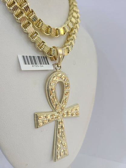 10k Gold Byzantine Necklace Jesus Cross Charm 20-30 inches 6mm SET Chain Pendant