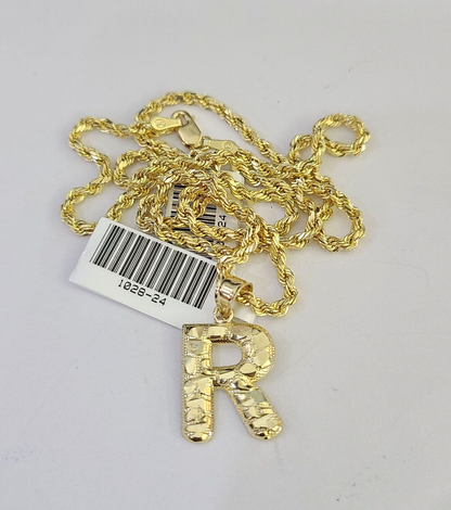 10k Gold Initial R Charm Rope Chain 16"-26" 2.5mm SET Necklace Alphabet Pendant