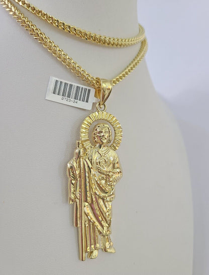Side angle view of 10K yellow gold Saint Jude pendant on Franco chain