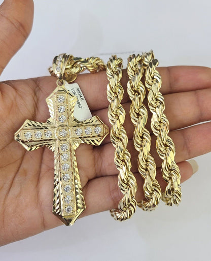 Men's 10K Yellow Gold Jesus Cross Necklace 8mm Rope Chain 20–30 Inch Religious Gift Jewelry