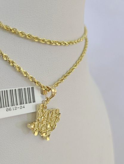 10k Solid Rope Chain 2mm Texas Map Pendant Charm Necklace SET 18-24 in