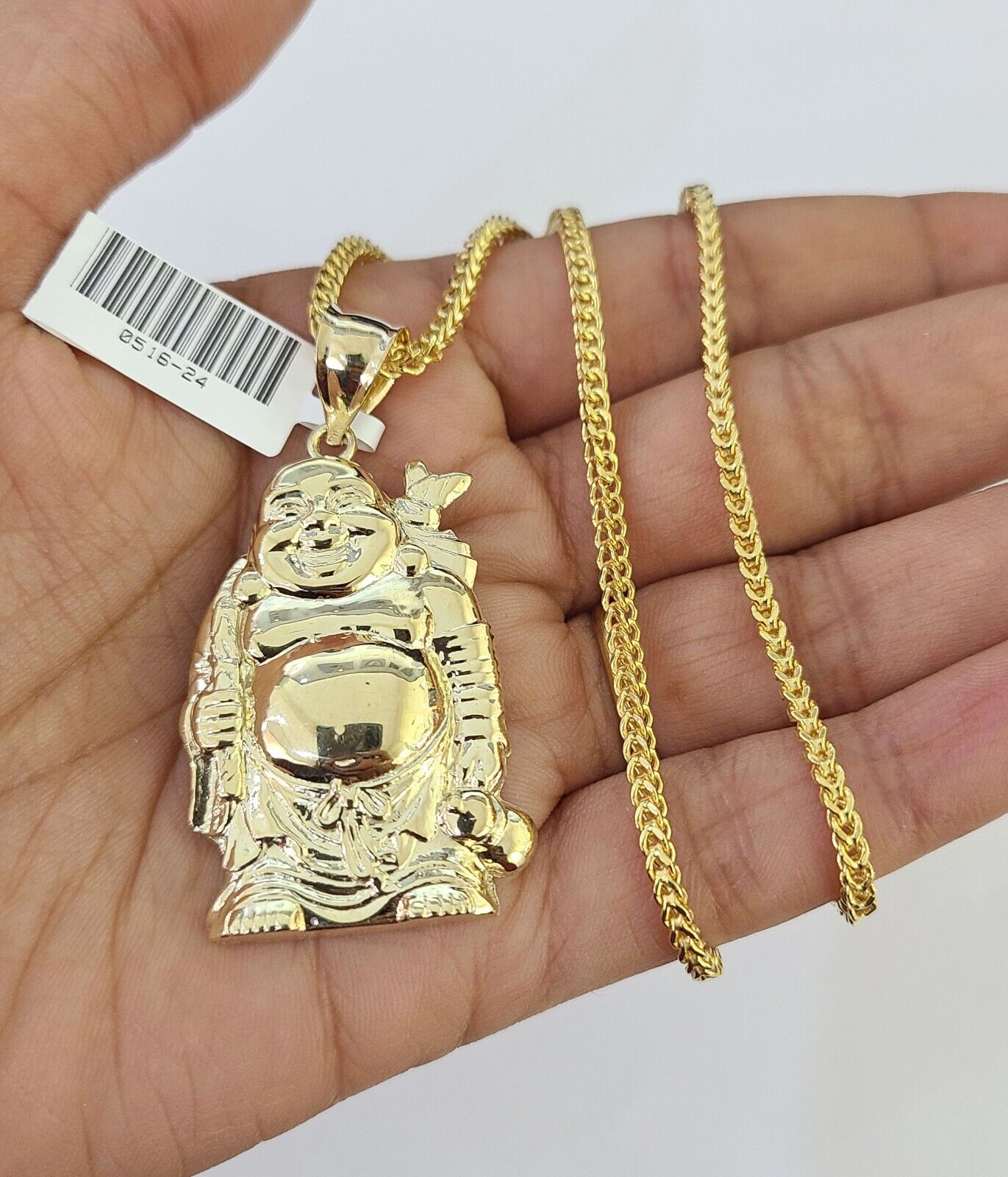 10K Gold Franco Chain Laughing Buddha Charm Pendant 20-26 inches 2.5mm Yellow