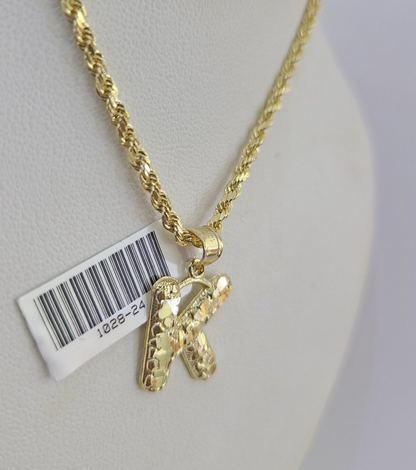 10k Gold Initial K Charm Rope Chain 16"-26" 2.5mm SET Necklace Alphabet Pendant