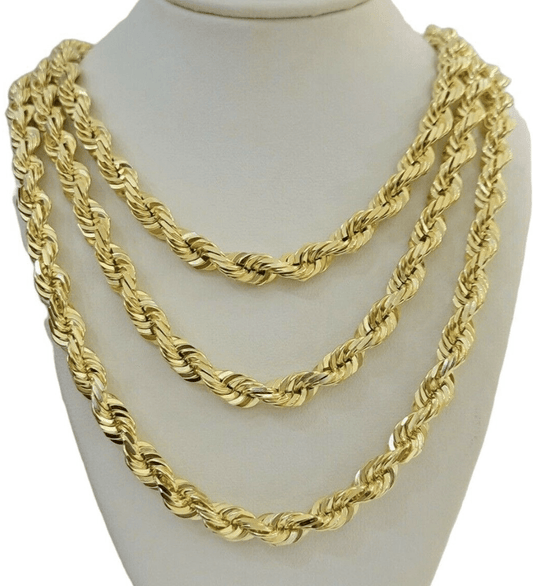 7mm Rope chain Necklace Solid 10k Yellow Gold Diamond cut 24" GURANTEED 10K GOLD - Reva Jeweler