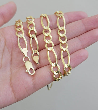 7mm Solid 14k Yellow Gold Figaro chain Necklace 24 Inch Men's STRONG REAL 14kt - Reva Jeweler