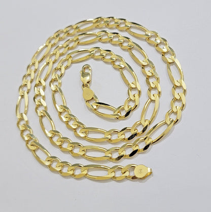 7mm Solid 14k Yellow Gold Figaro chain Necklace 24 Inch Men's STRONG REAL 14kt - Reva Jeweler