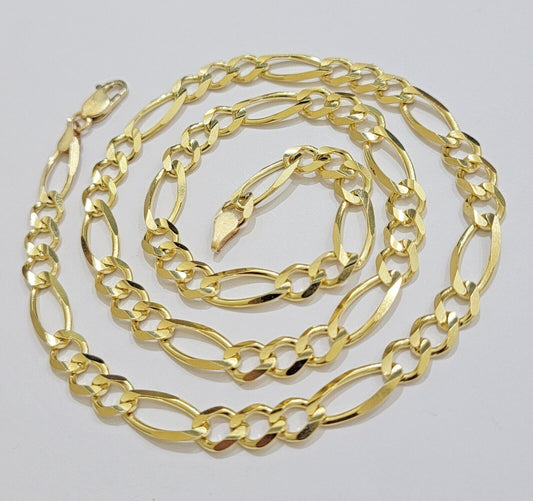 7mm Solid 14k Yellow Gold Figaro chain Necklace 24 Inch Men's STRONG REAL 14kt - Reva Jeweler