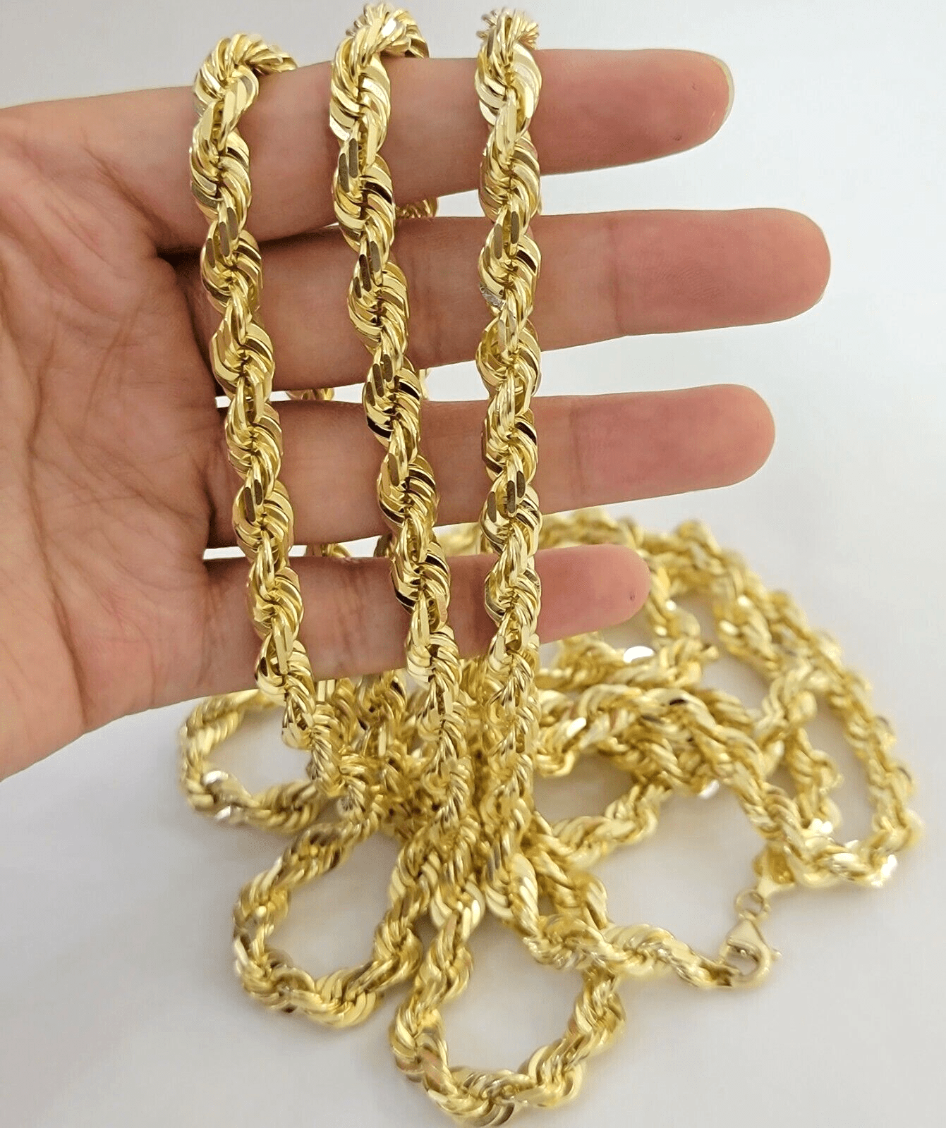 9mm Rope Chain Necklace 10k Yellow Gold 24" Inch Diamond Cuts Solid REAL 10KT - Reva Jeweler