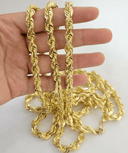 9mm Rope Chain Necklace 10k Yellow Gold 24" Inch Diamond Cuts Solid REAL 10KT - Reva Jeweler