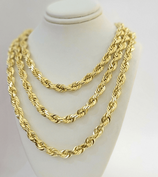 9mm Rope Chain Necklace 10k Yellow Gold 24" Inch Diamond Cuts Solid REAL 10KT - Reva Jeweler