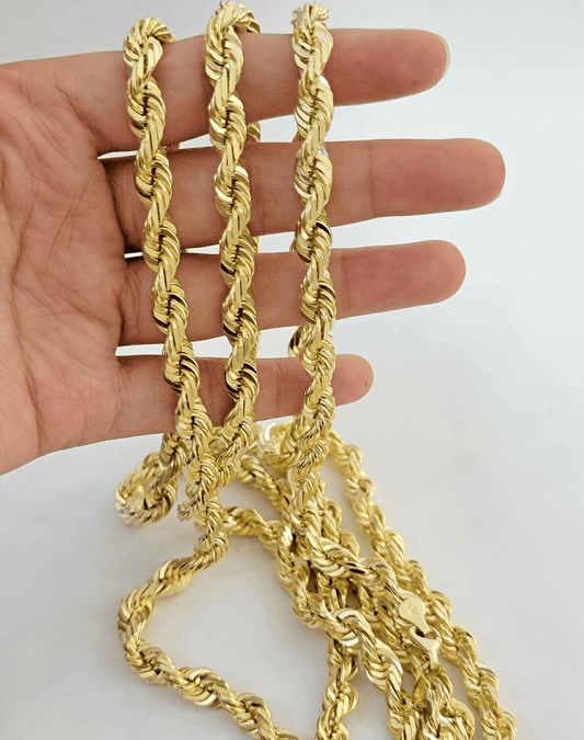 9mm Rope Chain Necklace 10k Yellow Gold 24" Inch Diamond Cuts Solid REAL 10KT - Reva Jeweler