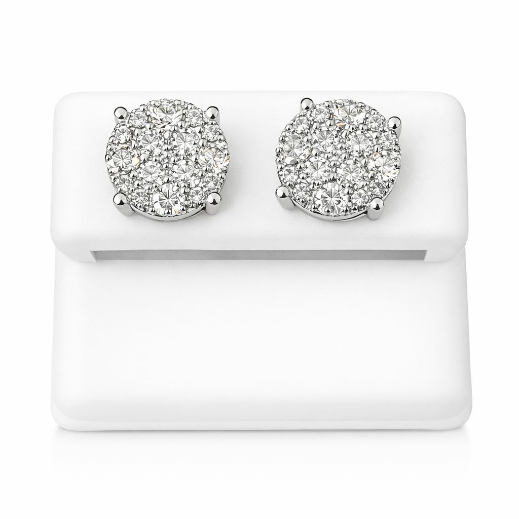 10k White gold Flower Earrings Real Diamond screw-back Women Men Studs