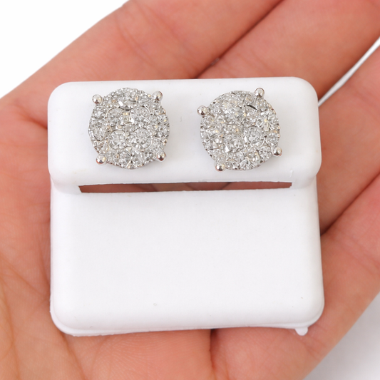 10k White gold Flower Earrings Real Diamond screw-back Women Men Studs