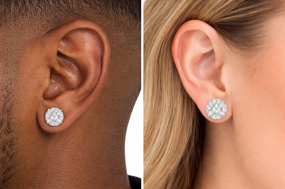 10k White gold Flower Earrings Real Diamond screw-back Women Men Studs